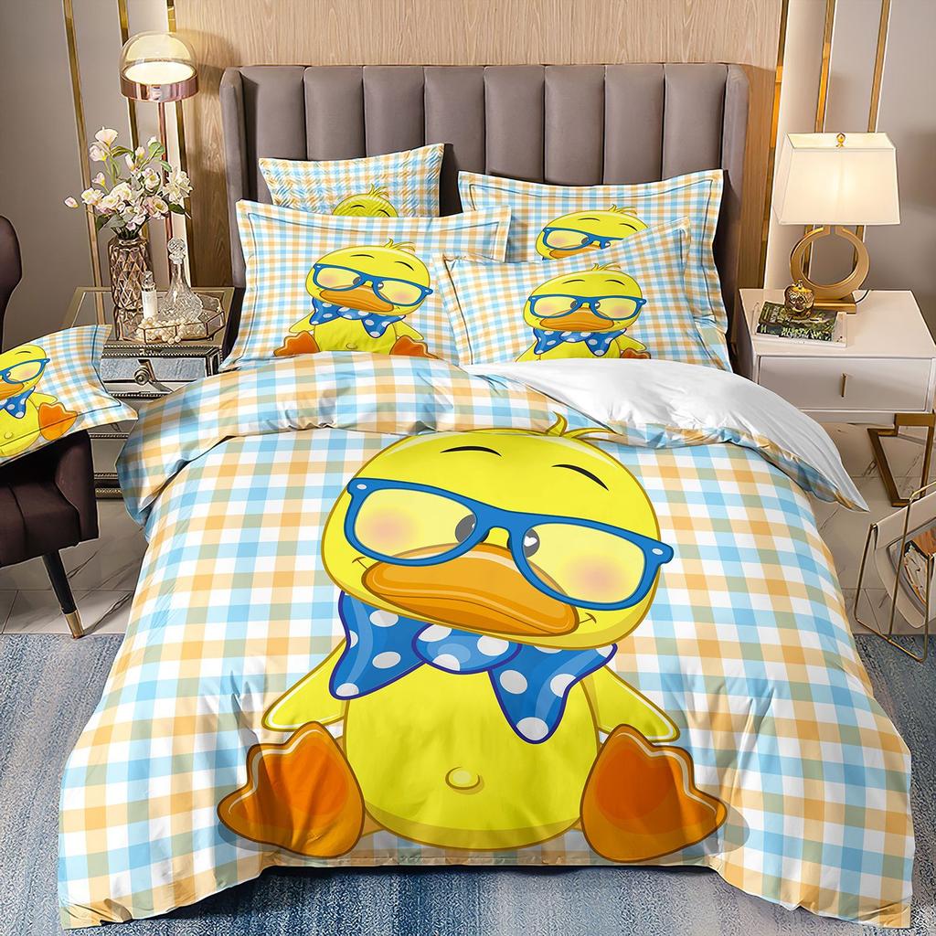 Cartoon Animation Bedding 3D Digital Printing Animal Plaid Unicorn Quilt Cover Three-Piece Set