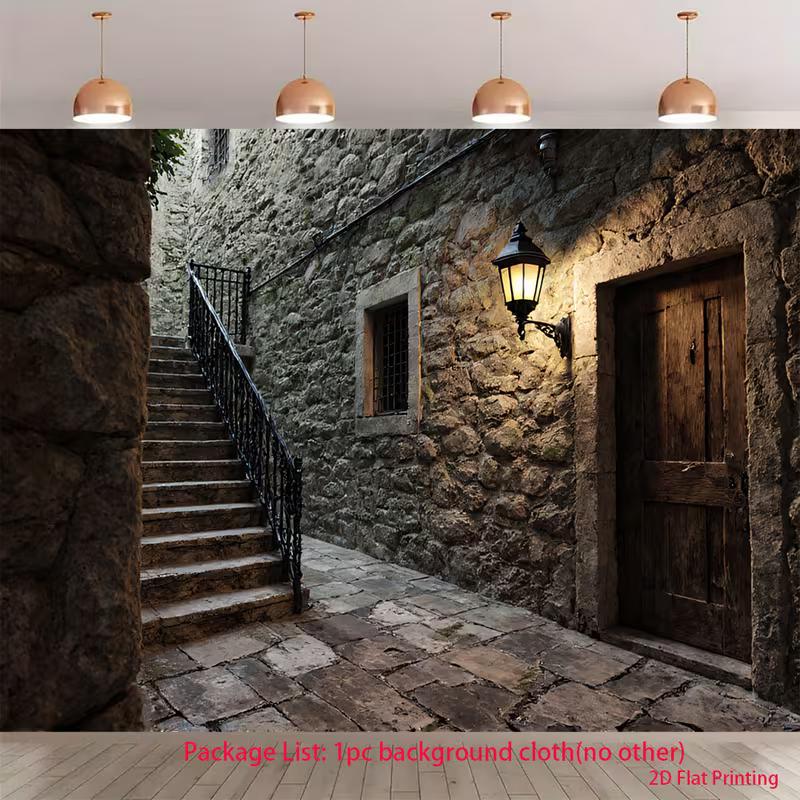 

2D Dark Corridor Backdrop, Ancient Stone Alley with Lantern Party Background Cloth 47.2x31.5inch/120*80cm