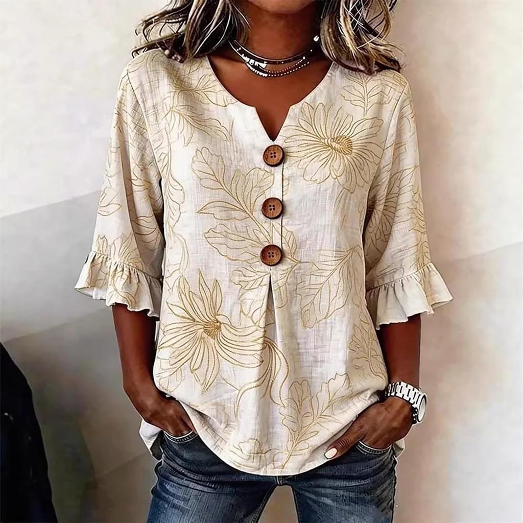 Women V Neck Floral Print Button Front Loose Fit Blouse Ruffle Sleeve Casual Top for Everyday Wear
