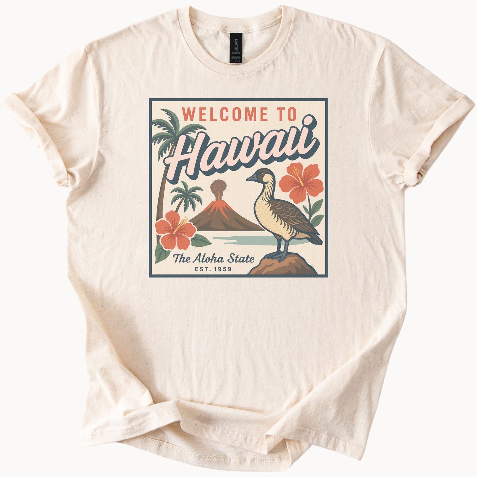 Hawaii Graphic T Shirt Nene Bird Palm Trees Volcano Hibiscus Flowers Aloha State Souvenir Welcome to Hawaii Scenic Nature Tee 100