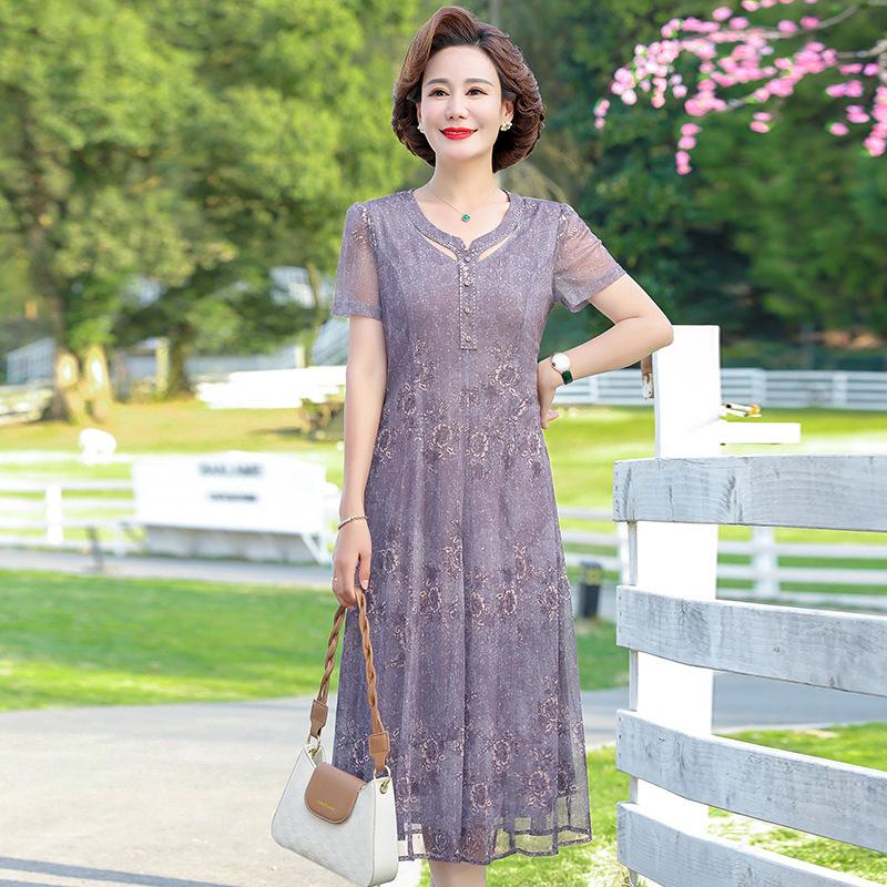 Floral Print Maxi Dress Middle Aged Women Summer The Season Slimming Tunic Length Skirt