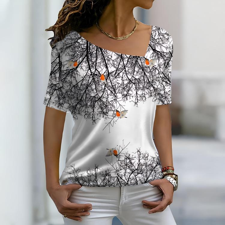 Streetwear Damskie Luźne Codzienne Koszulki V-neck z Kwiatowym Wzorem Krótki Rękaw