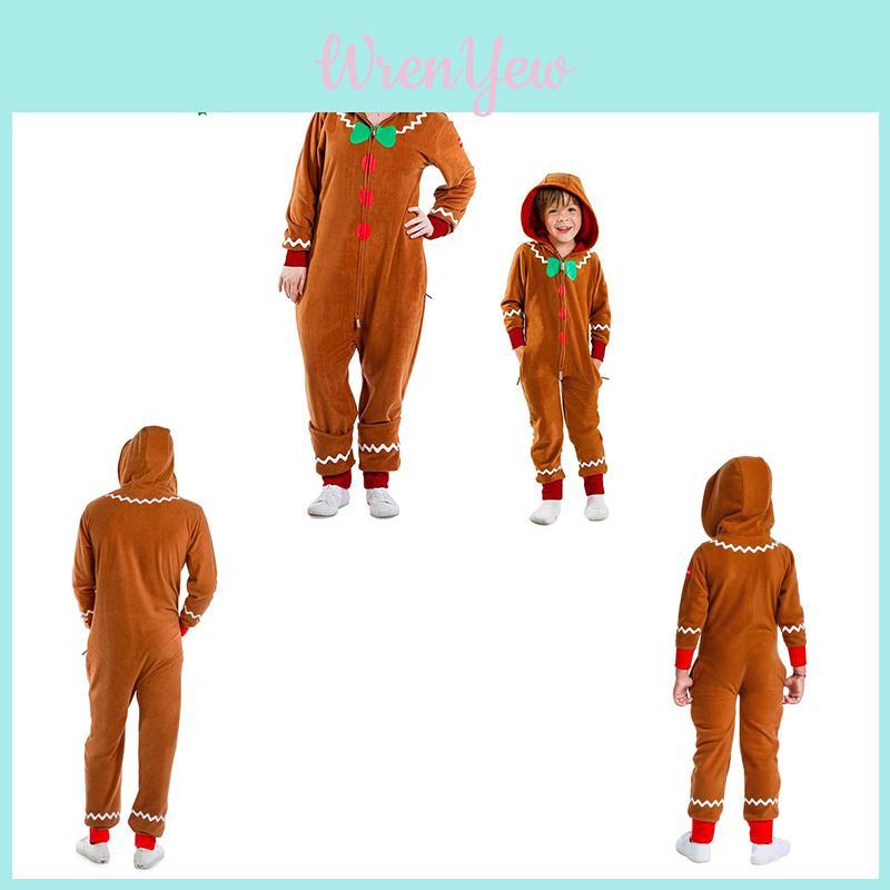 Gingerbread Man Cosplay Costume Xmas Party Clothes Adult Kids Hooded Jumpsuits