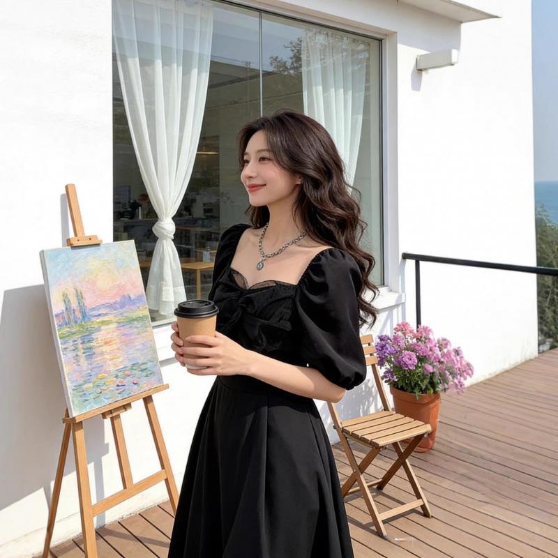 Large size new summer fat sister bow gentle wind dress French long dress covering belly and showing thin skirt