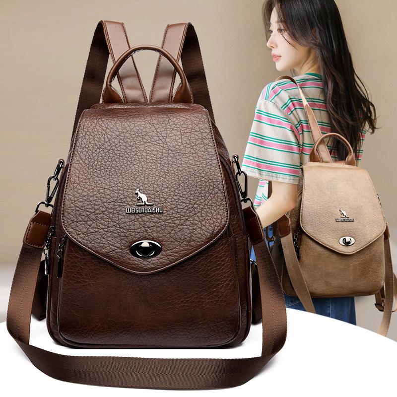 Schoolbag Flip Lock Backpack Women's 1011 New Soft Leather Anti-theft Backpack Multifunctional Commuter Travel School Bag
