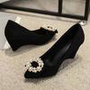 Fashion FHC 2025 New 8CM High Hlees,Women Pumps,Sexy Rhinestone Pearls Wedges Shoes,Bowtie Pointed Toe,Slip On,Size 35-43,Black,Dropship