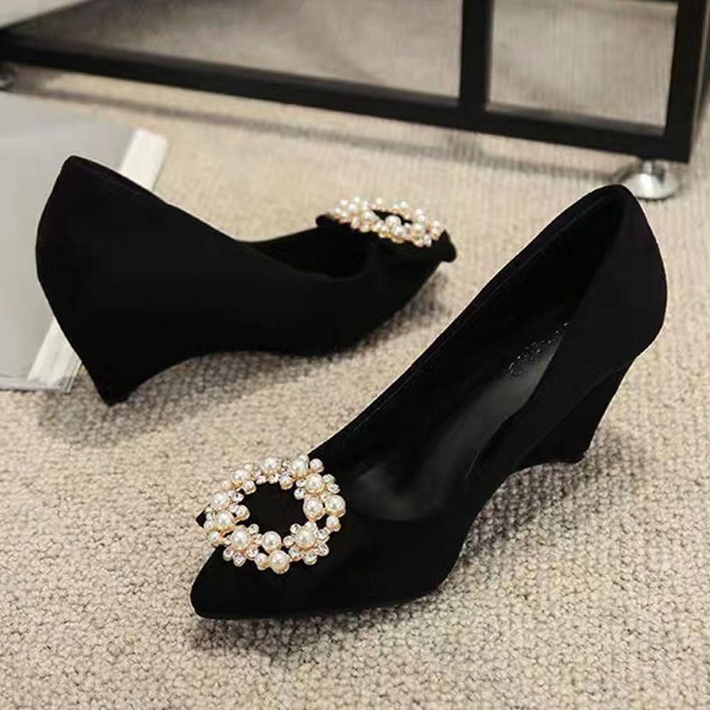 Fashion FHC 2025 New 8CM High Hlees,Women Pumps,Sexy Rhinestone Pearls Wedges Shoes,Bowtie Pointed Toe,Slip On,Size 35-43,Black,Dropship