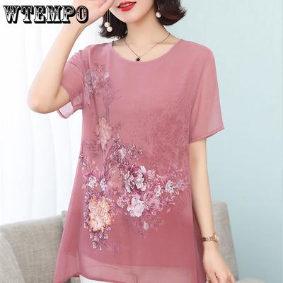 Camisa de gasa estampada de verano para mujer, ropa de verano de manga corta para mujer, Top de longitud media para mujer