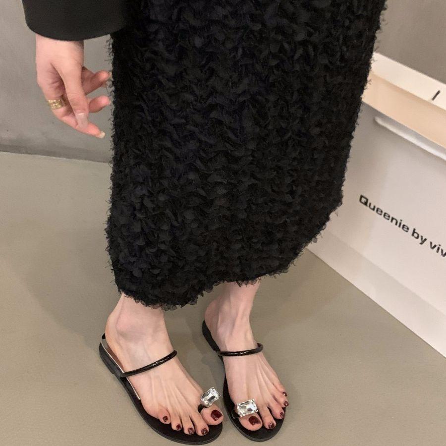 Internet Celebrity Explosion Pigeon Egg Rhinestone French Cool Slippers Fairy Shoes 2025 Summer Wear Wedge Heel Set Toe Sandals