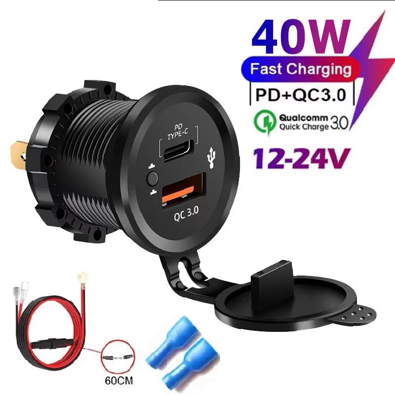 100W Car Charger Dual PD Dual QC 3.0 Quick Charge with Voltmeter Socket Power Adapter Waterproof 12V/24V for ATV Boat Motorcycle
