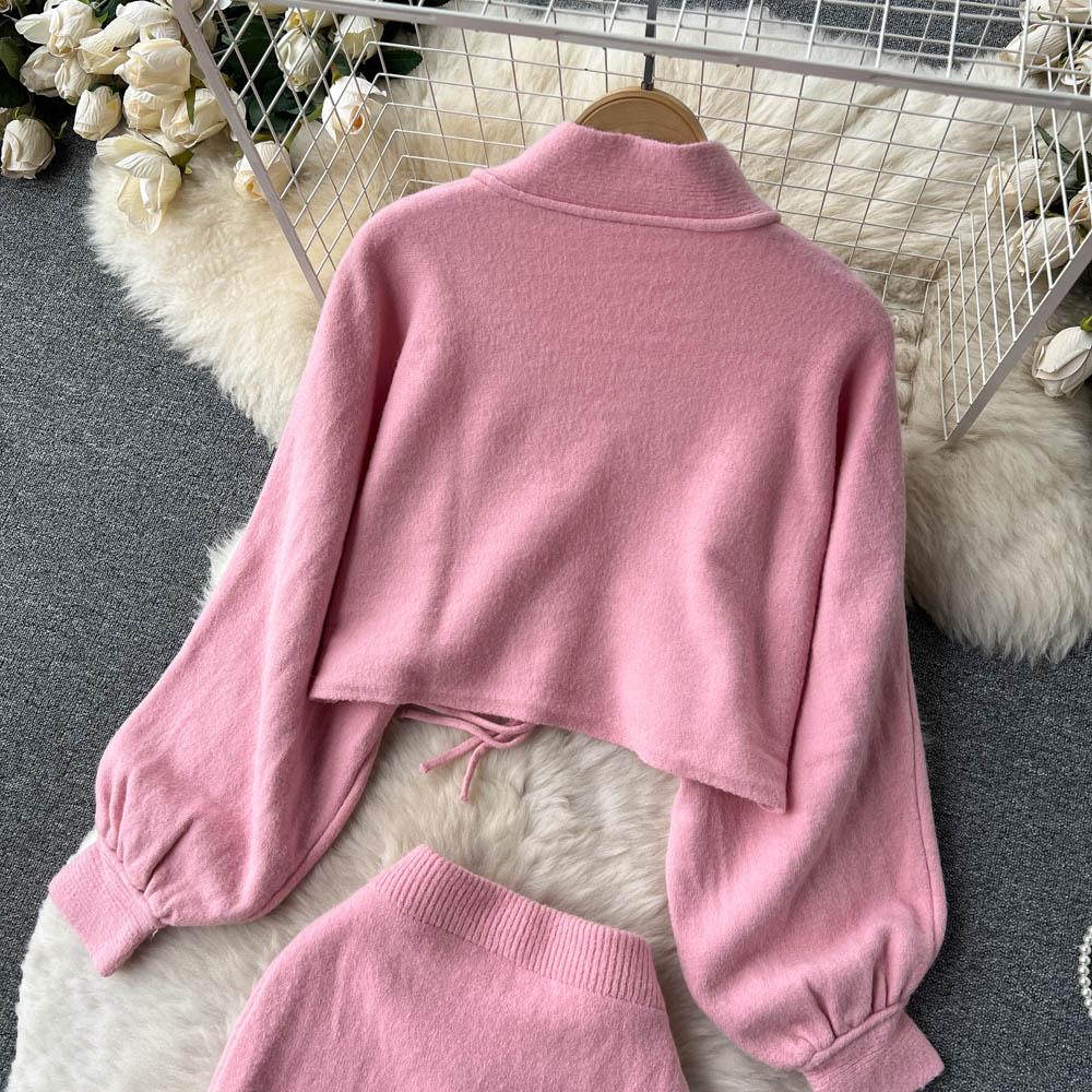 Podzimní a zimní pletený retro svetr s knoflíky na cívku + rozparková boková sukně do půl těla dvoudílný set
