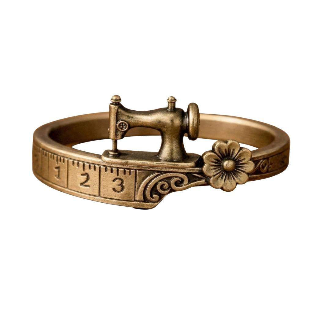 Vintage Sewing Machine Ring Adjustable Band with Measuring Tape Design and Floral Accent Metal Jewelry Accessory for Craft Enthusiasts