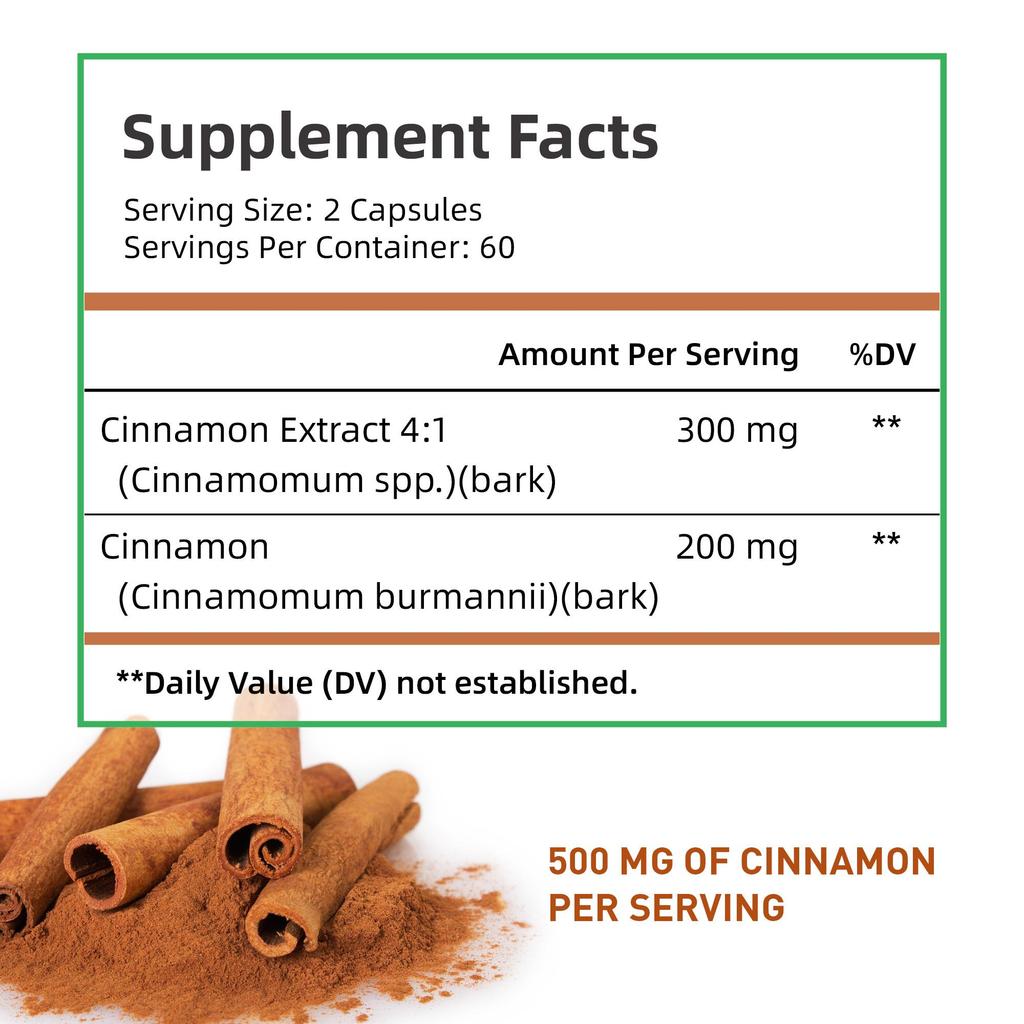 High Purity Cinnamon Capsules, 500mg Natural Cinnamon Extract, Nutritional Supplement