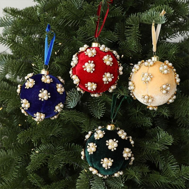 Christmas Tree Ornament Ball with Fabric, Trim Pattern and Ribbon Loop for Home Display Scenes and Seasonal Room Use