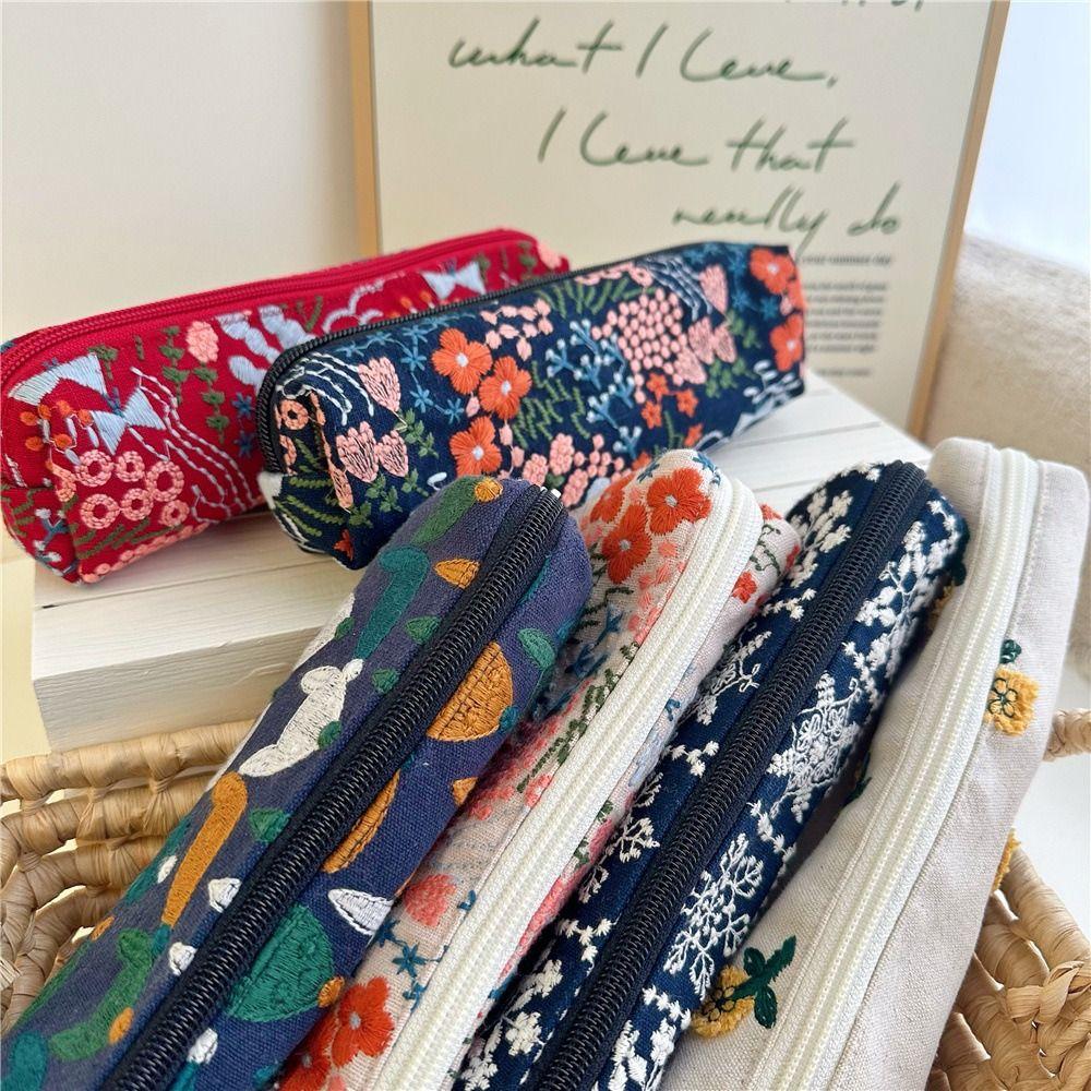 Flower Embroidered Pencil Case Print Cloth Stationery Bag Fashion Pencil Pouch  Stationery Storage