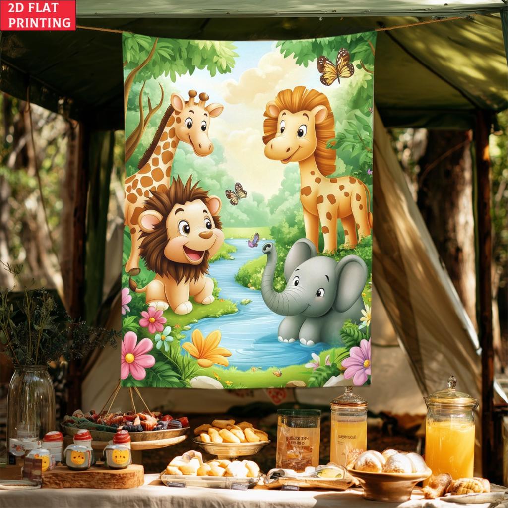 Arazzo da Parete Animali della Giungla Cartoni Animati Decorazione Stanza Bambini Stampa Leone Elefante Giraffa Arte Camera da Letto Bambini Design Giocoso
