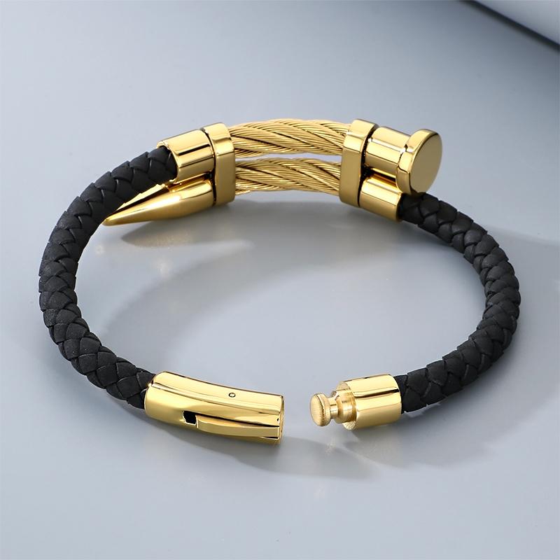 Trendy Leather & Stainless Steel Bracelet for Men Hip Hop Gold Color Cable Wristband Jewelry for Daily Wear & Party Accessory