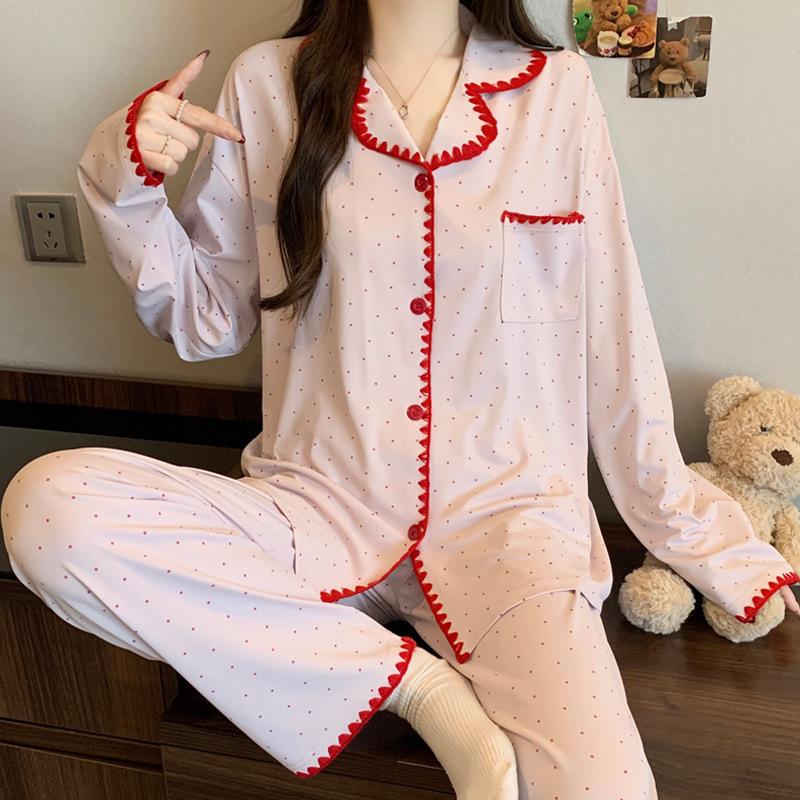 Halbmond-Stickrand Langarm-Pyjama Damen Frühling Neu Imitation Baumwolle Dopamin Polka Dot Loungewear Set