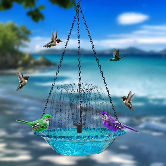 Solar Cascade Fountain Birdbath Solar Powered Fountain Bird Bath Hanging Glass Bowl Birdbath Attracts Wild Birds Hummingbirds for Outdoor Garden Yard