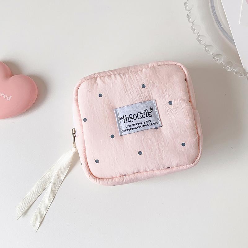 Polka Dot Solid Square Cosmetic Bag Girl Portable Small Lipstick Pouch Student Simple Sanitary Napkin Storage Bag