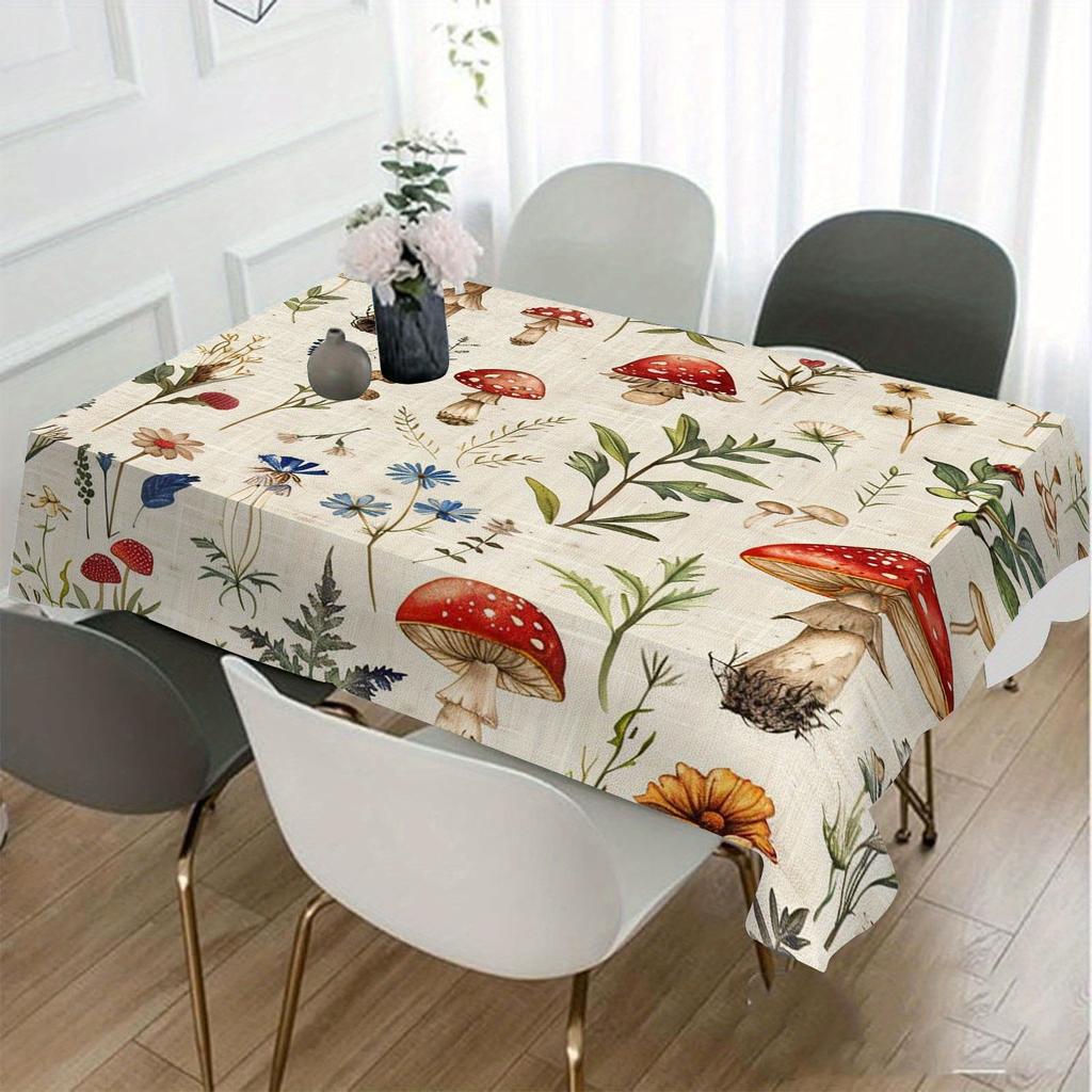 Whimsical Floral & Mushroom Design Square Tablecloth - Durable Polyester Machine- Decorative Cover for Dining & Coffee Tables