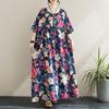 Johnature Simple Bohemian Dresses Women Summer O-neck Short Sleeve Floral Print Loose Navy Female Pockets Dresses