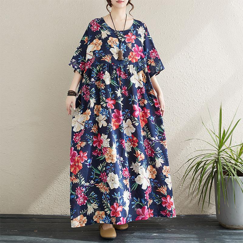Johnature Simple Bohemian Dresses Women Summer O-neck Short Sleeve Floral Print Loose Navy Female Pockets Dresses