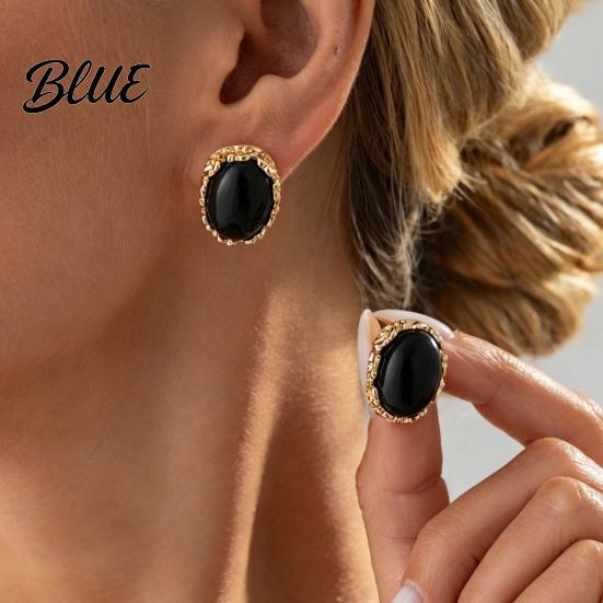 Hypoallergenic Feel Earrings 1 Pair Vintage Oval Stud for Women Retro Statement Textured Carved Gold Plated Gemstone Earrings Frame Chunky