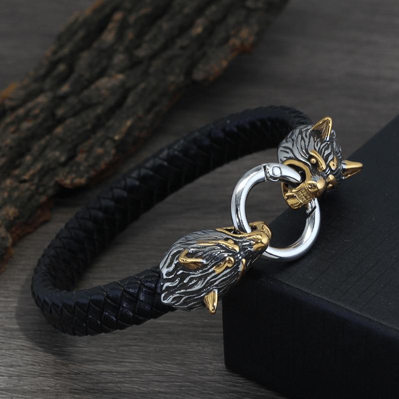 Viking Wolf Head Leather Bracelet Viking Pendant Jewelry Gift