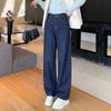 Autumn and winter daily versatile velvet thickened wide-leg jeans women's classic dark blue primary color washed