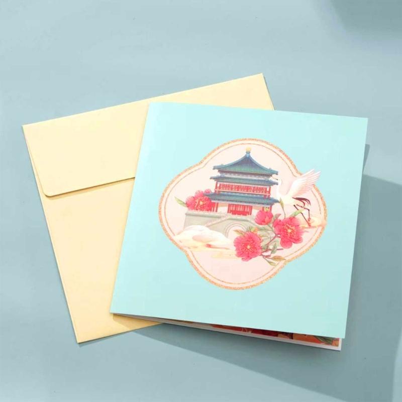 Chinese New Year Card Handmade Paper Carving Bell Tower Holiday Greeting Card for Birthdays Weddings And Holidays Gift