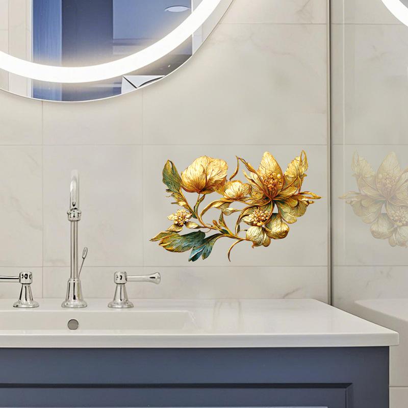 Golden Floral Wall Stickers Self-adhesive for Bedroom Bathroom Kitchen Door Decoration Removable Durable Home Decor