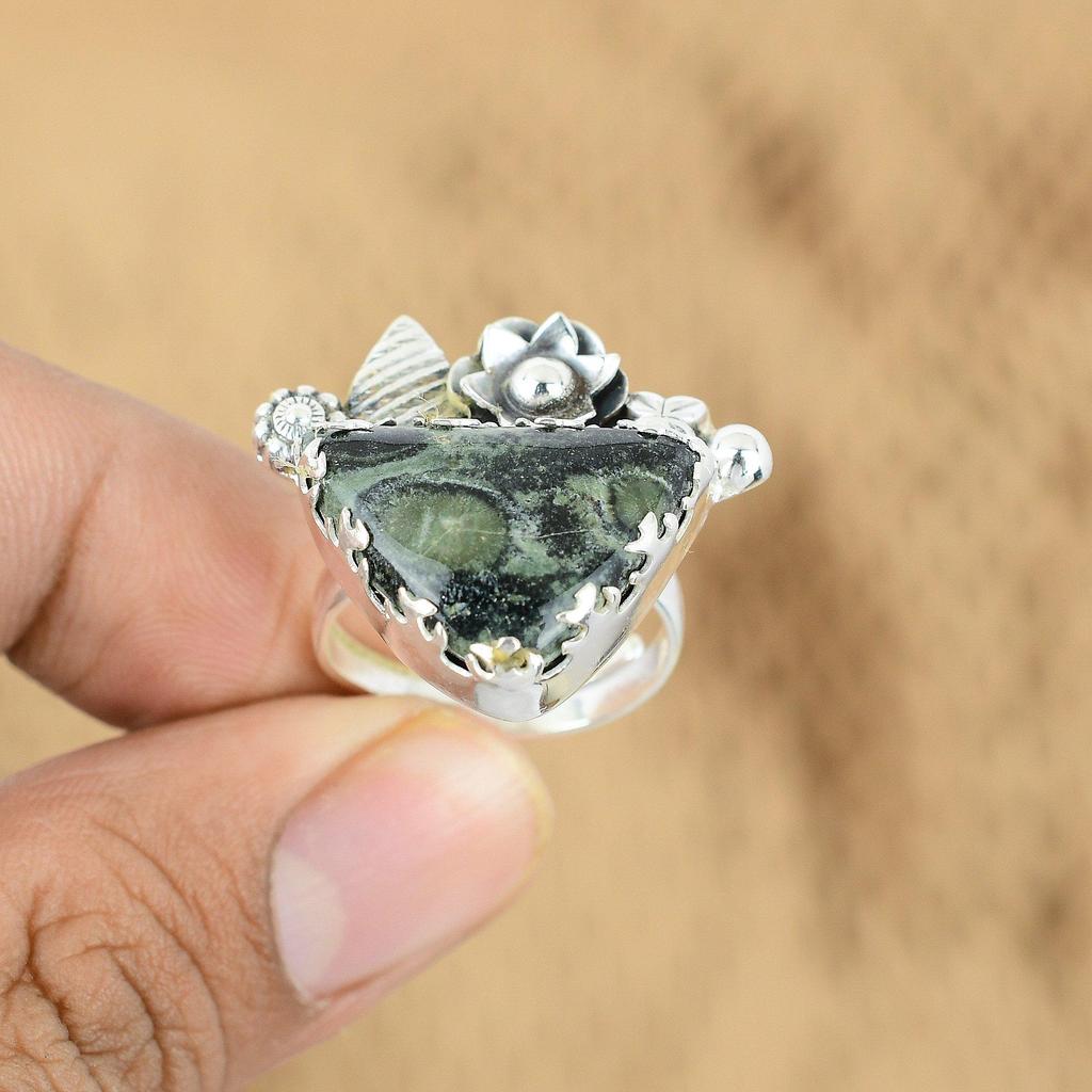 Sterling Silver Kambaba Jasper Stone Handmade Mother Flower Promise Ring Jewelry