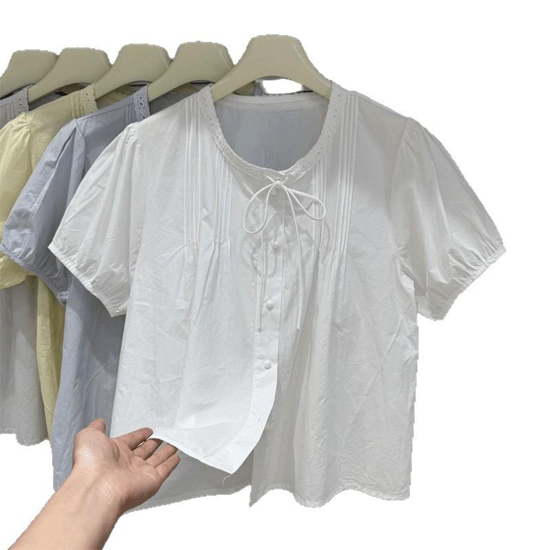 1116 Summer New Bubble Sleeve Shirt Women's Small Lace Splicing Bubble Sleeve Short Sleeve Top