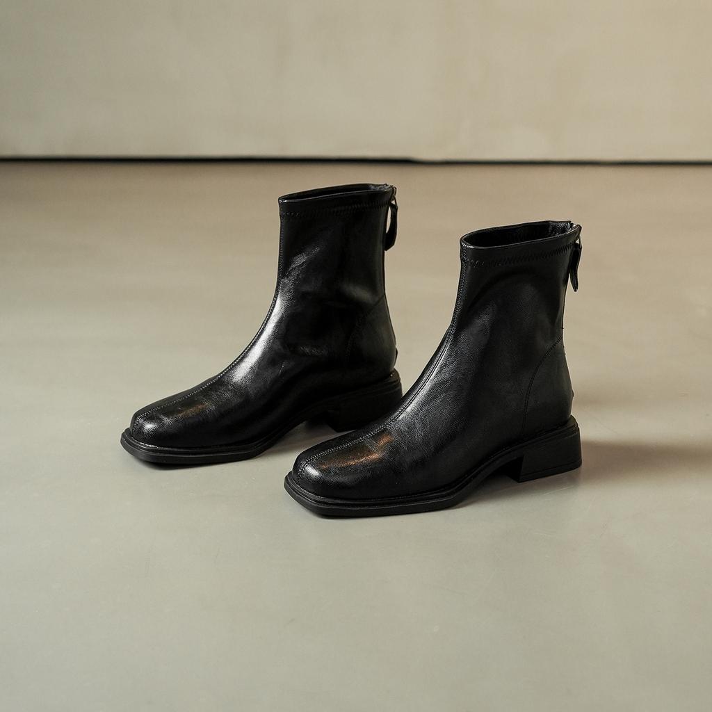 Retro square head elastic thin boots women's new thick heel short Chelsea boots versatile commuter leather boots