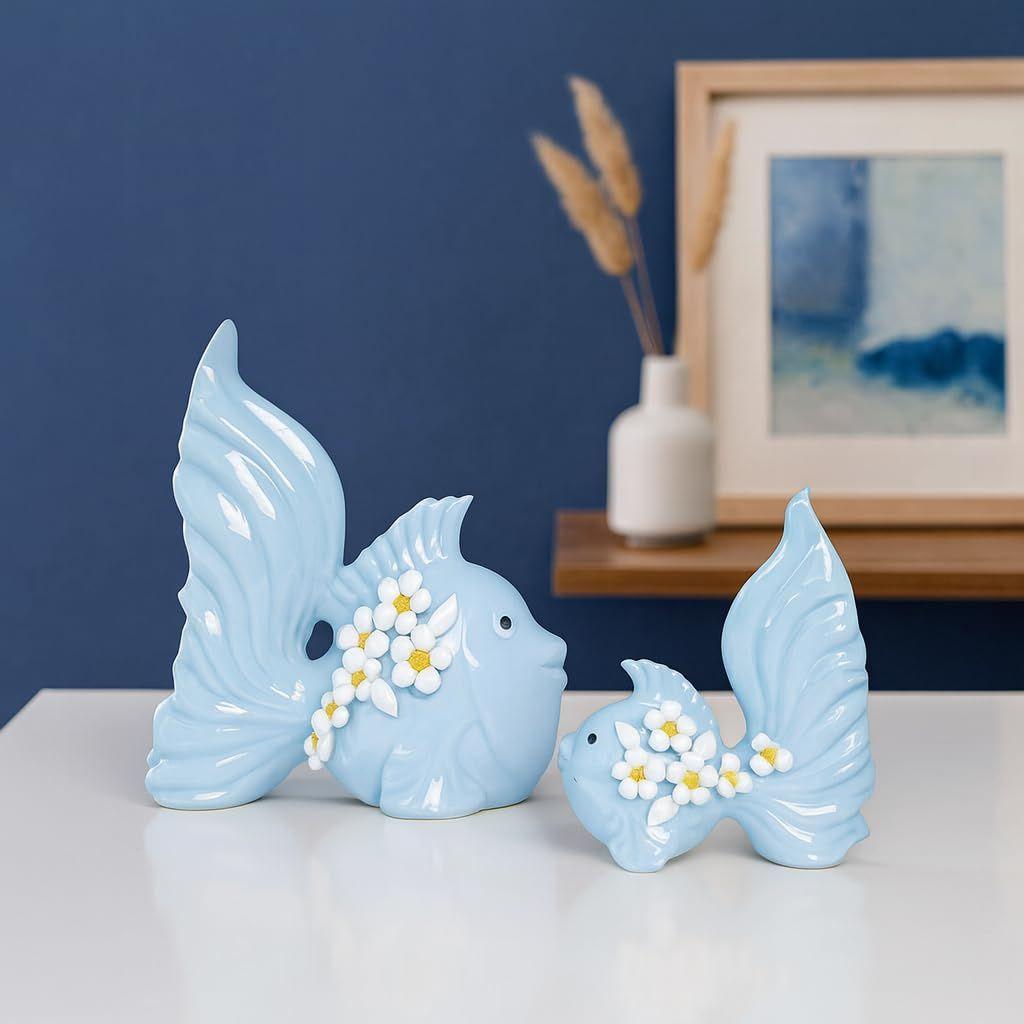 Modern Minimalist Sky Love Fish Art Figures | Beautiful Home Decor- (Set of 2 pc, Sky)