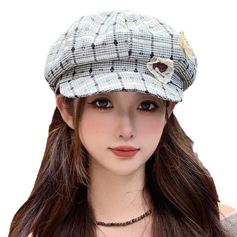 Autumn Retro Flower Plaid Beret Versatile Korean Sweet and Cute Baseball Cap Windproof Octagonal Hat Women's Style