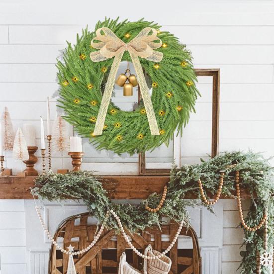 Artificial Christmas Wreath with Bow And Bells Realistic Pine Greenery for Door Wall Decor Outdoor Indoor LED String Lights Xmas Thanksgiving