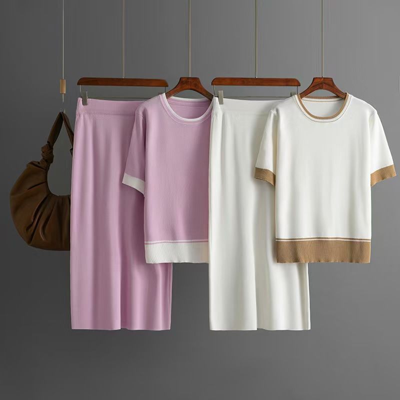 Fashion New Arrival Fashion Knitted Short-Sleeved Shirt Skirt Suit Knitted Top and Skirt Set