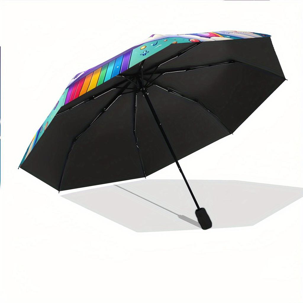 Automatic Folding Umbrella Colorful rainbow with musical notes and clouds. Portable collapsible design, casual outdoor accesso