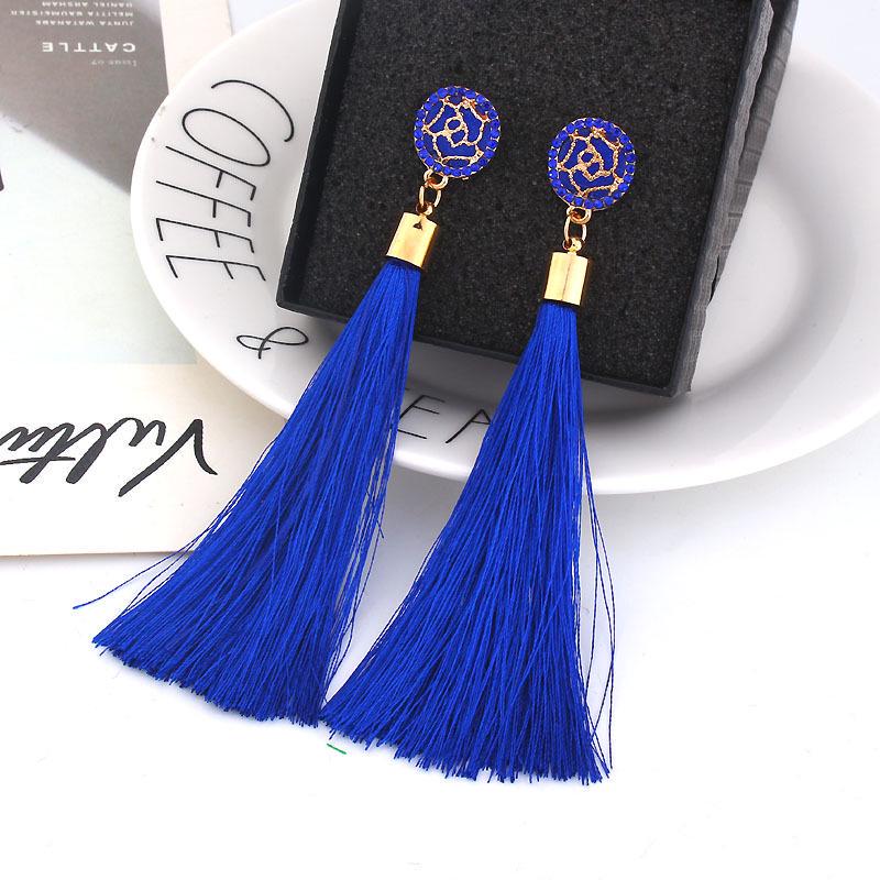 Orecchini con nappa bohémien Orecchini pendenti a goccia lunga in tessuto di seta nero bianco blu rosso per gioielli da donna