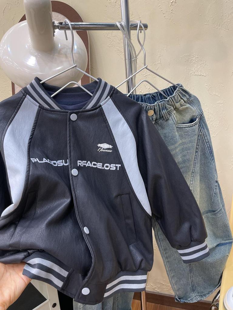 2025 Autumn Boy's Trendy Patchwork Soft Leather Baseball Jacket