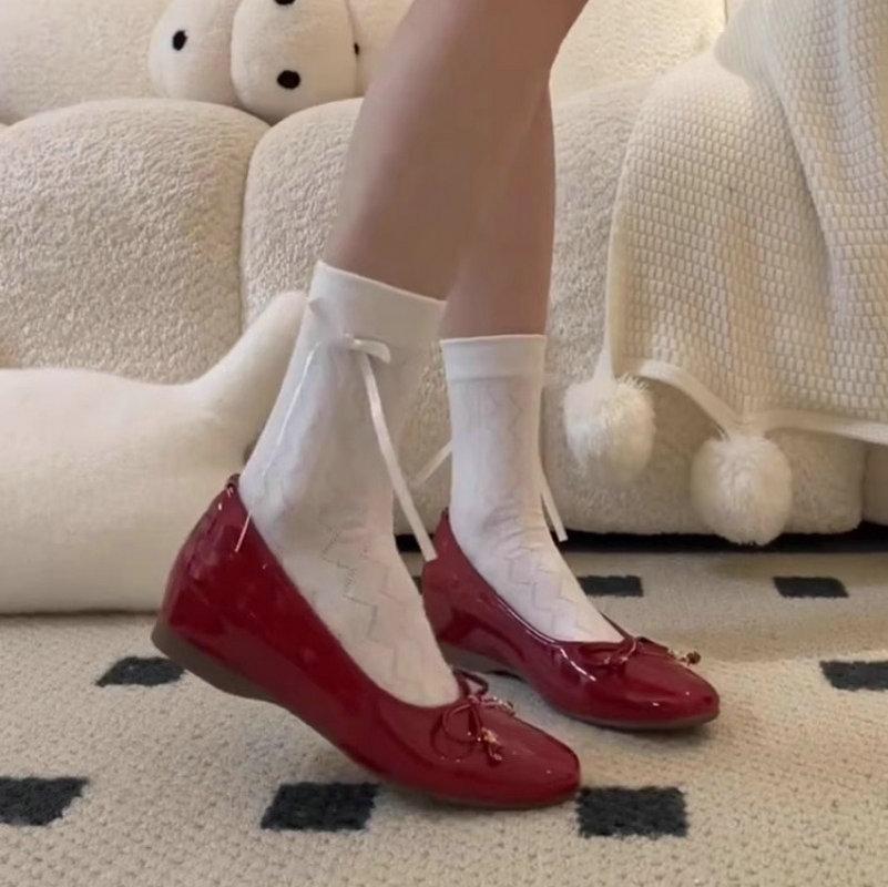 Modische rote Ballerinas mit Absatz, flache Schuhe für Damen, 2024 neu Frühling Herbst, Damen Schuhe mit runder Spitze im Mary Jane Stil