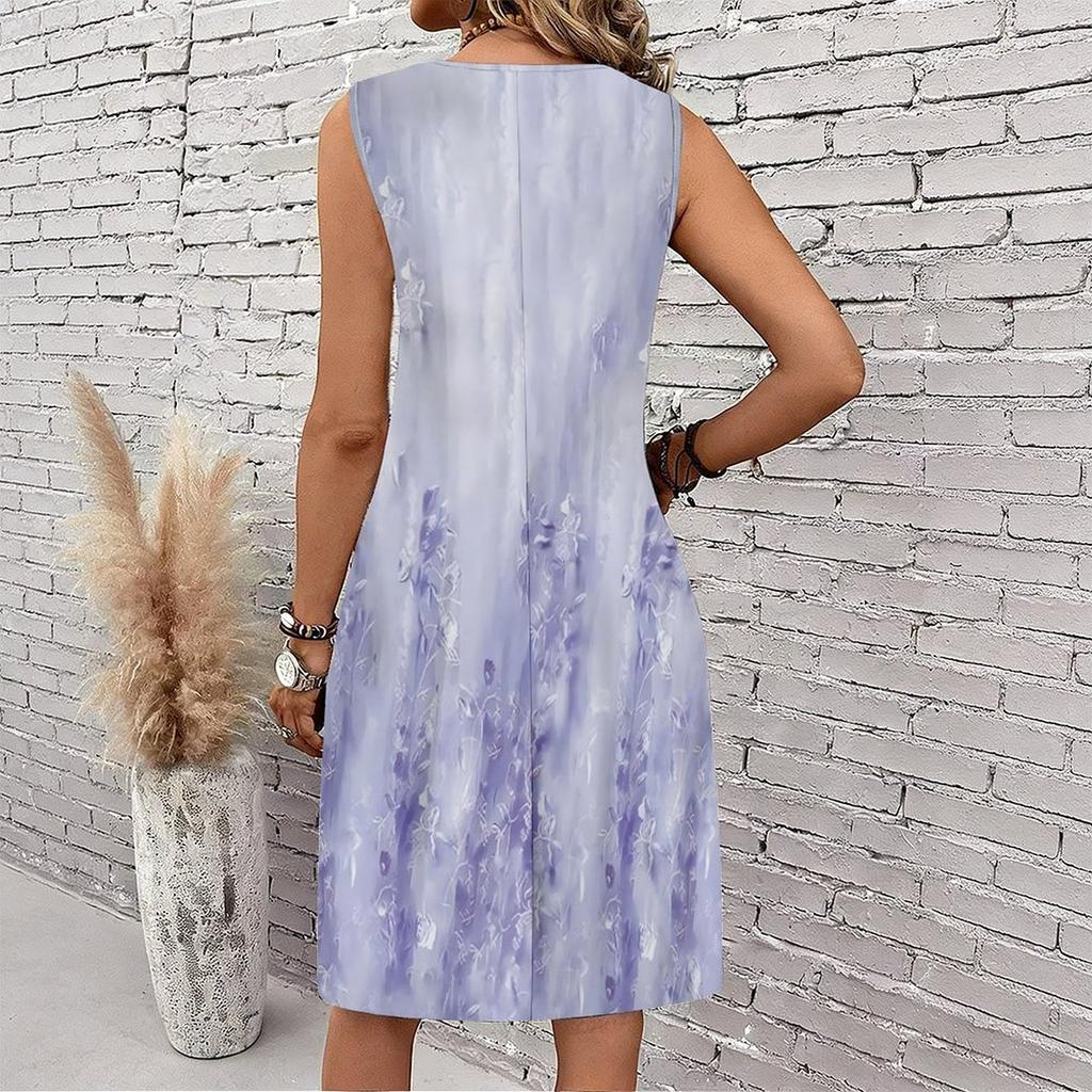 Plus Size V Neck Sleeveless Dress Green Valley Waterfall Painting Print For Country Hiking Journey