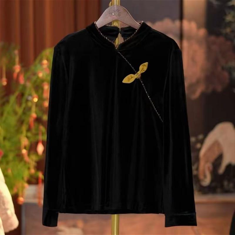 

Women s Black Velvet Stand Collar Shirt - Early Autumn Chinese Style Tang Suit Top, Long Sleeve. XL (90-105 Jin)