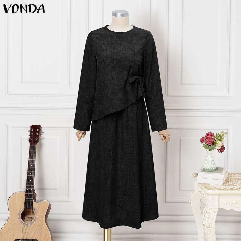 VONDA Women O Neck Long Sleeve Casual Loose Pleated Layers Maxi Rufffled Dress Robes
