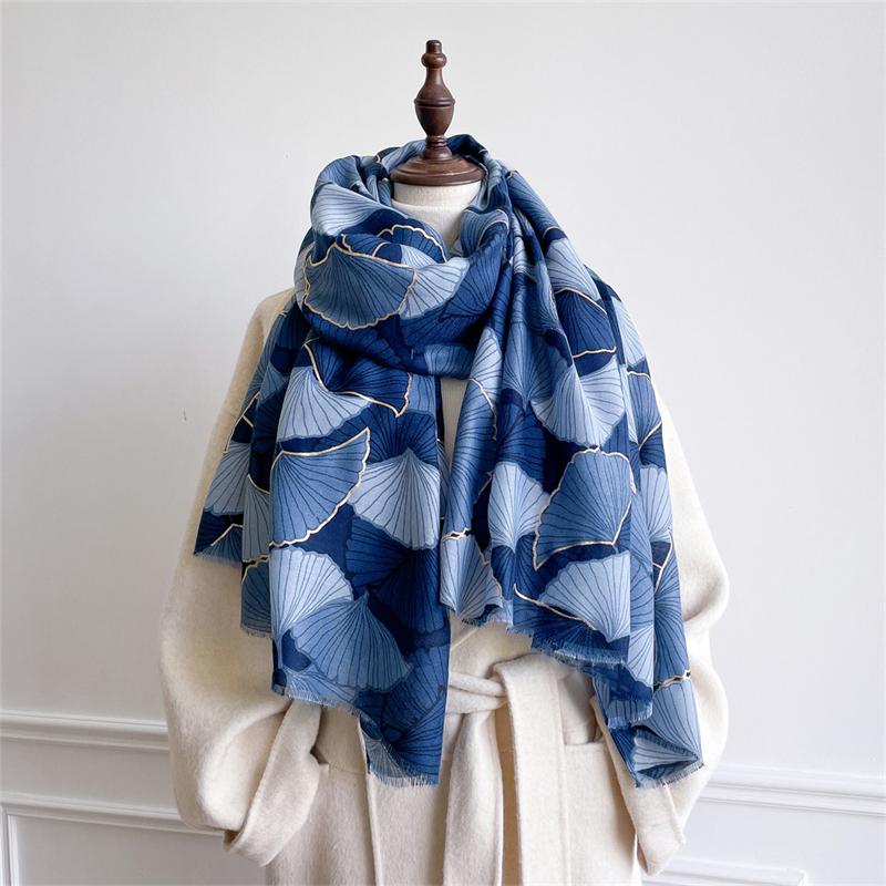 Luxury Bohimian Cotton Scarf for Women Biloba Floral Tassel Headscarf Gold Stamp shawl Linen Travel Handkerchief Muslim Hijab