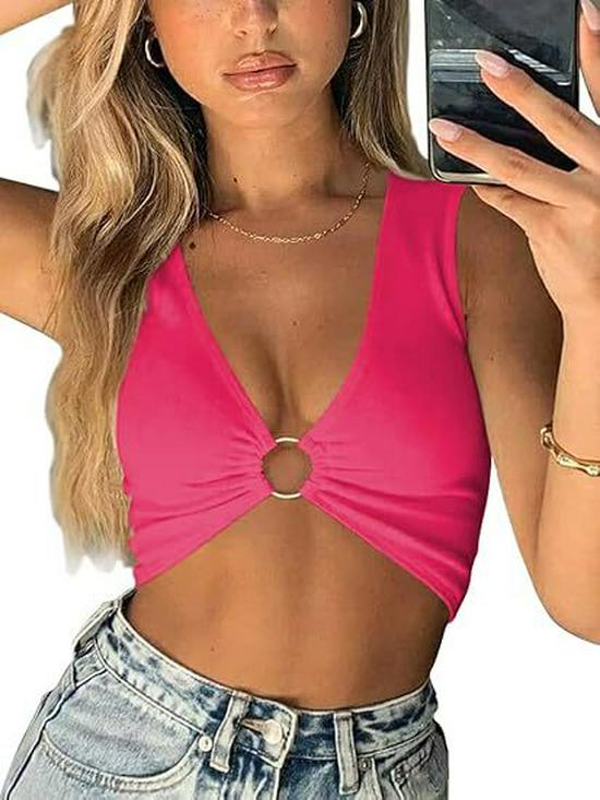 Summer Women's Sleeveless V-Neck Hollowed-Out Cropped Solid Color Vest