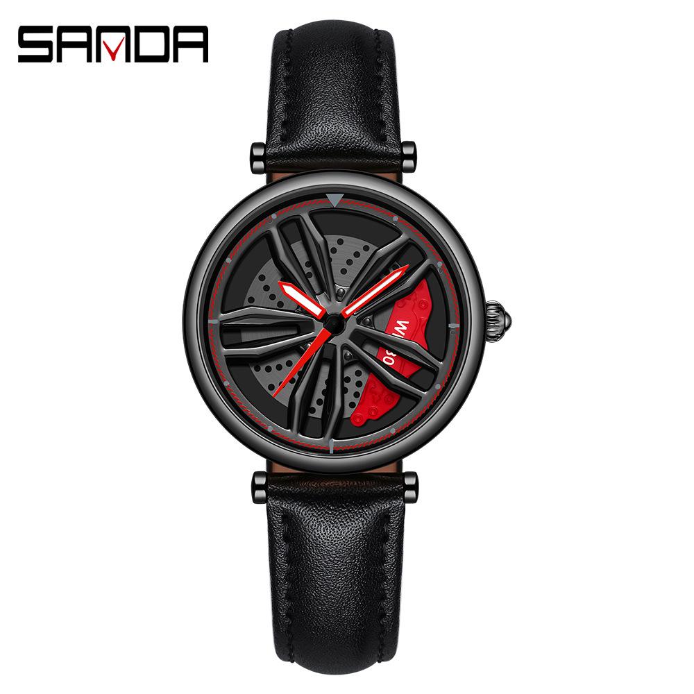 Sanda Cool Wheel Men's Skeleton Dial Leather Strap Waterproof Quartz Watch