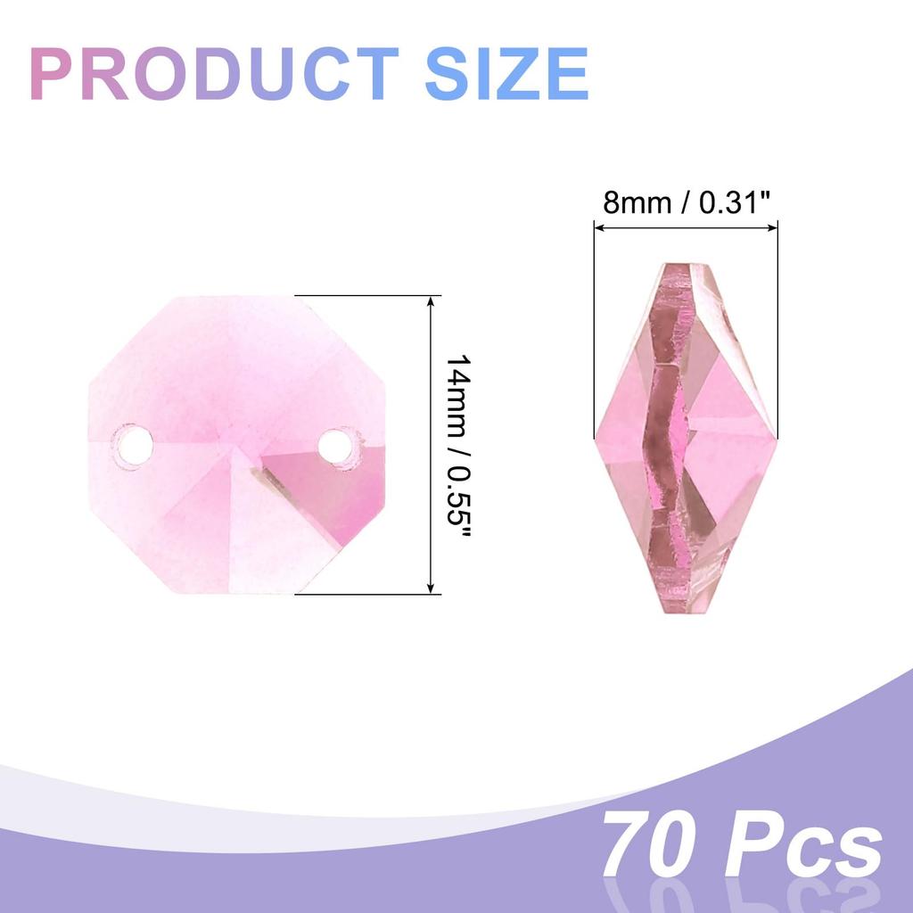 Uxcell 70pcs 14mm Crystal Octagon Beads, 2-Hole Glass Suncatcher Beads, Chandler Prism Parts, Pendants for Home DIY Arts and Crafts Decoration, Pink